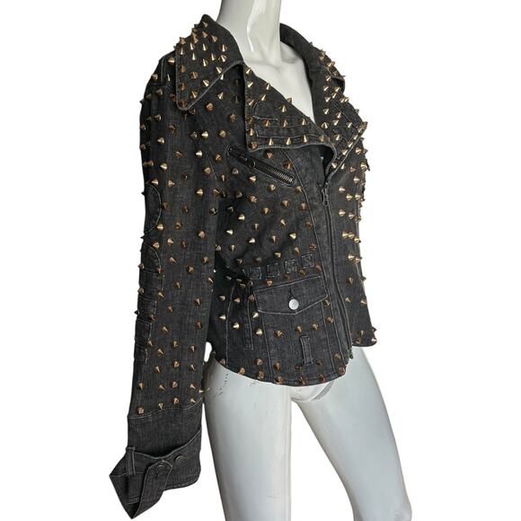 NWOT Studded Spike Rivet Black Denim Moto Jacket Size Small - Picture 4 of 6